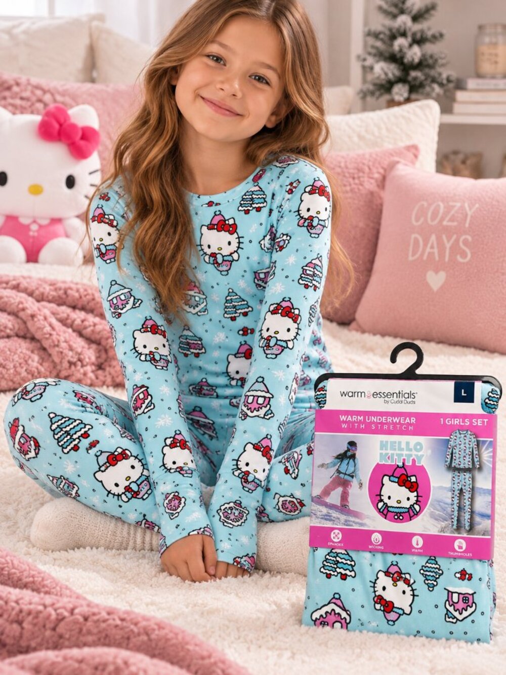 Hello Kitty Girls Thermal Underwear Set Size L 10/12 Cuddl Duds Base Layer NWT